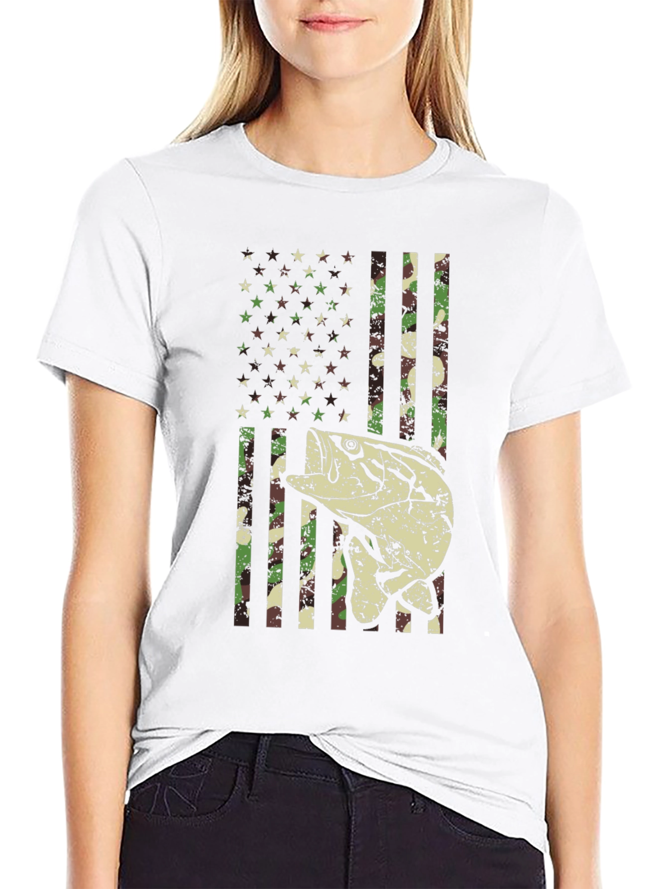 Camouflage American Flag Fishing T-Shirt
