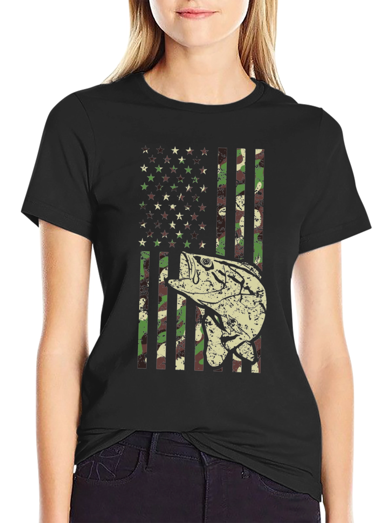 Camouflage American Flag Fishing T-Shirt