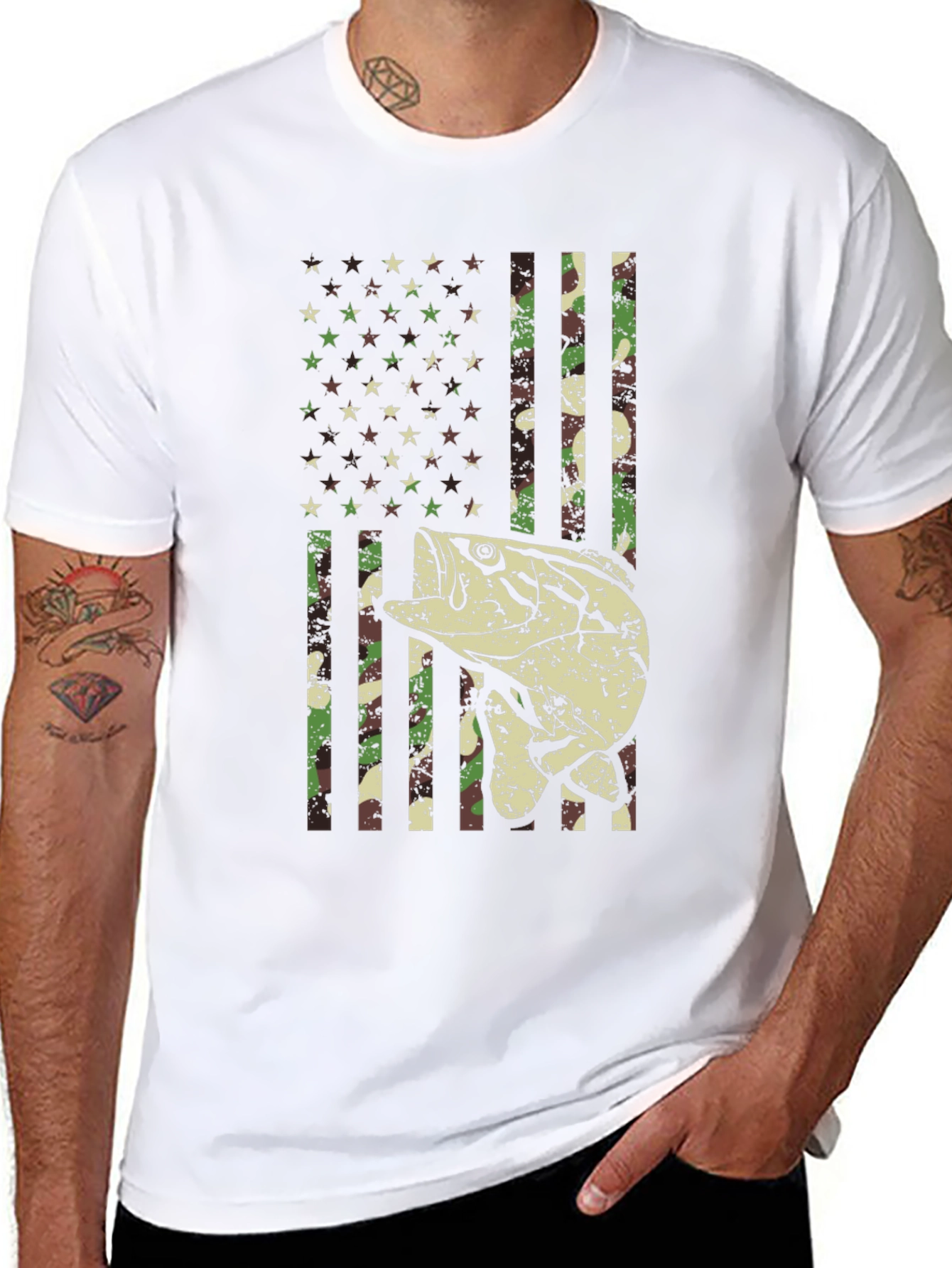Camouflage American Flag Fishing T-Shirt