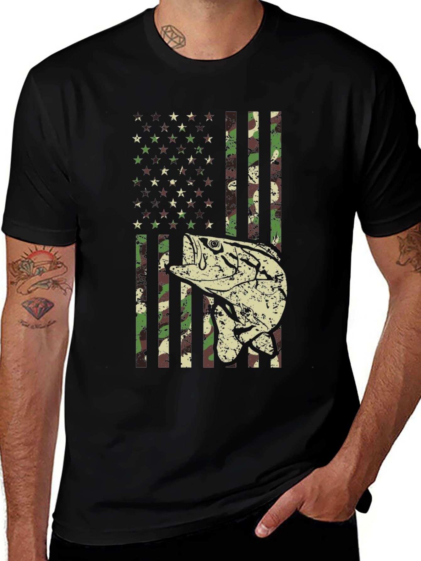 Camouflage American Flag Fishing T-Shirt