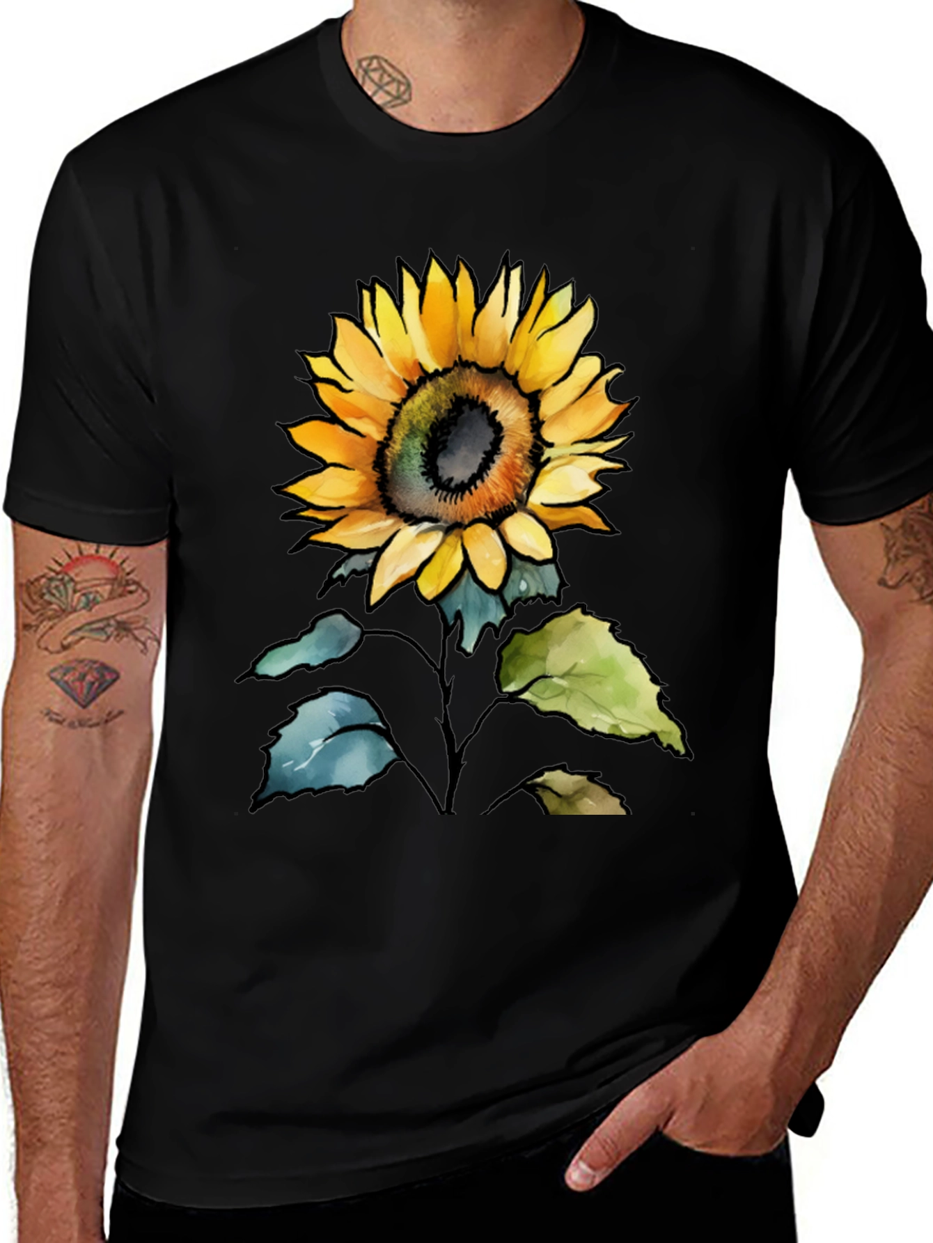 Sunflower Graphic Print Mens Black T-Shirt