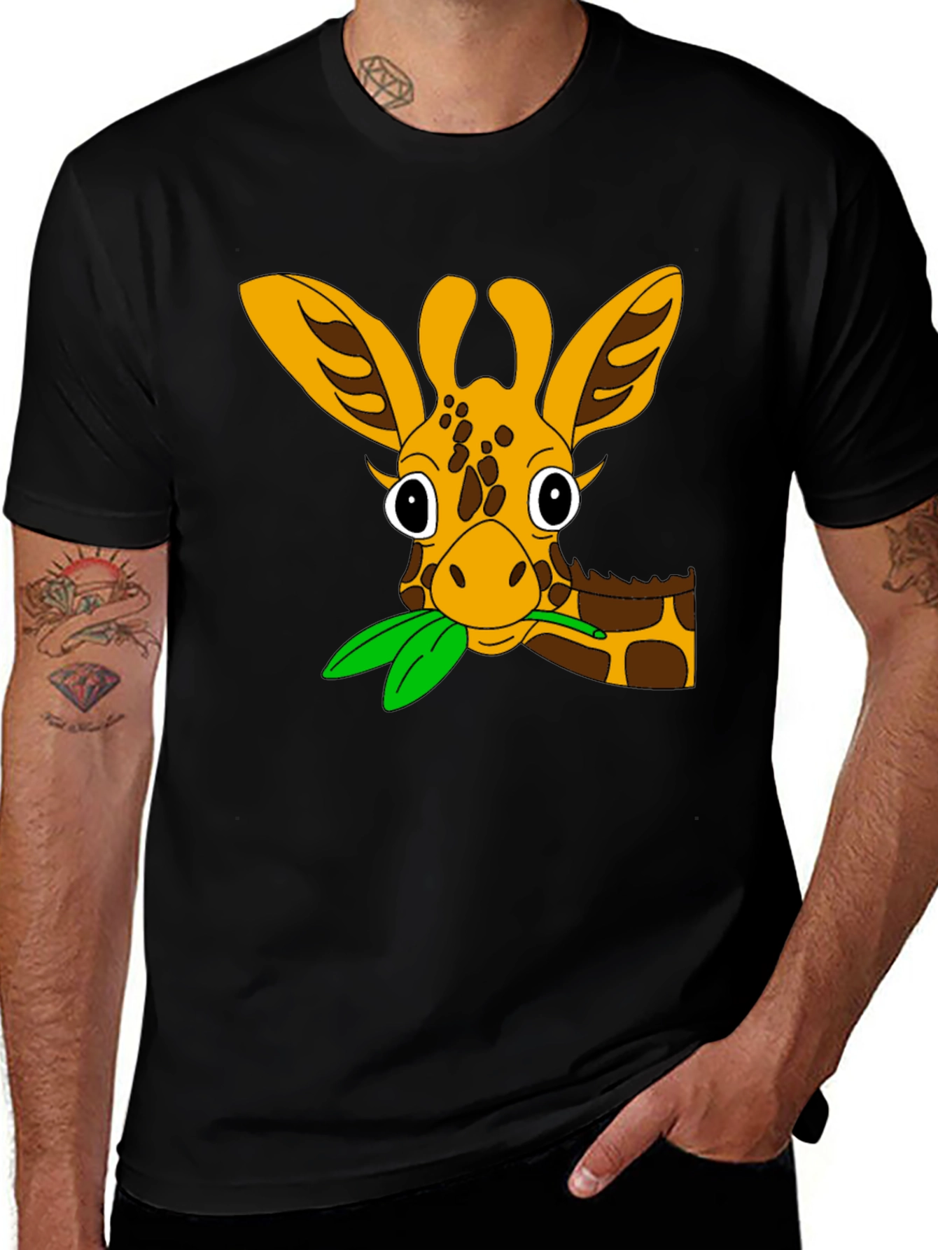 Cute Giraffe Cartoon Black T-Shirt