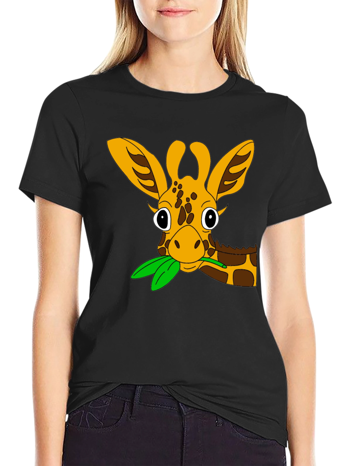 Cute Giraffe Cartoon Black T-Shirt