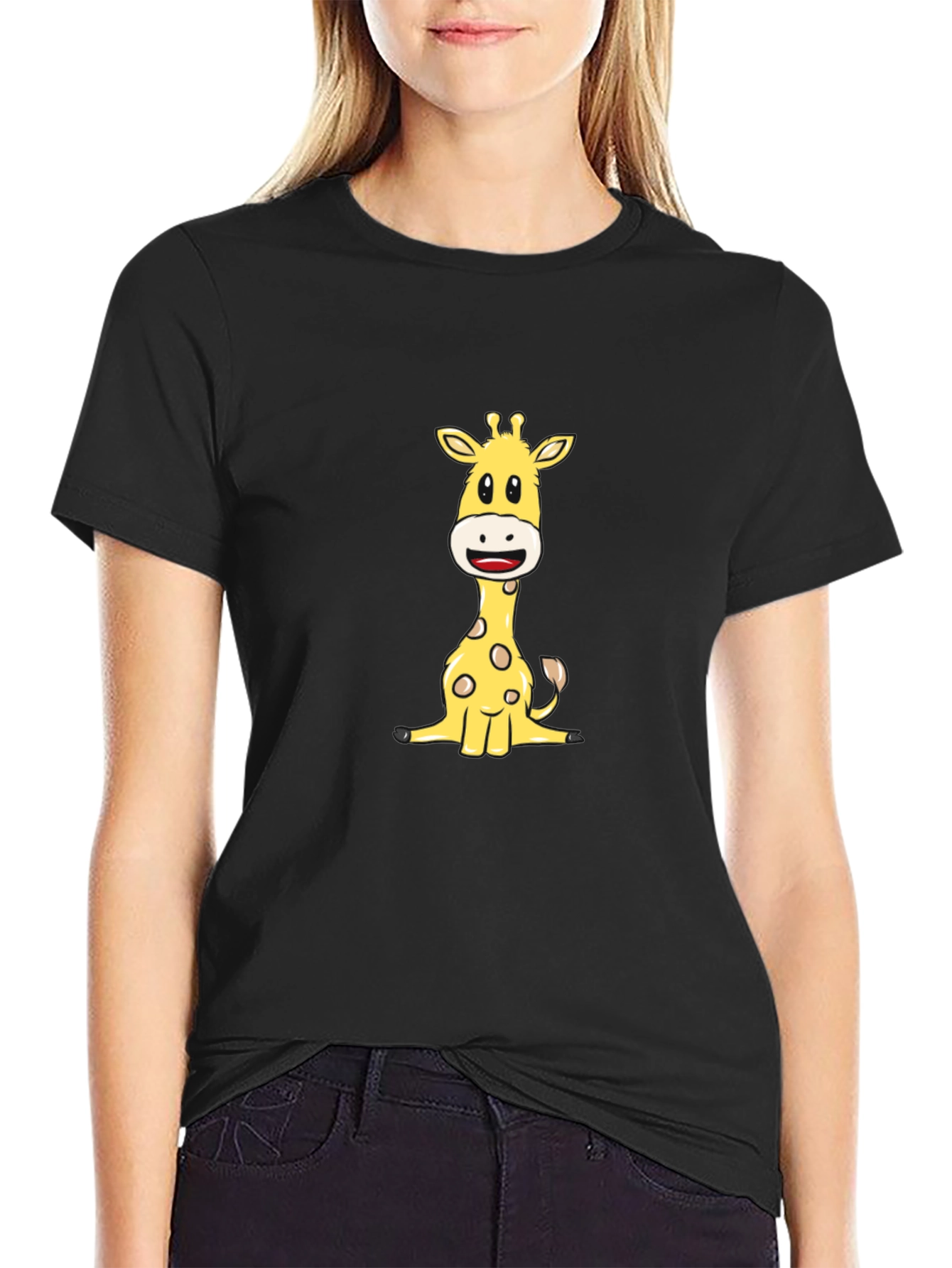 Cute Giraffe Graphic Tee - Black Cotton Blend