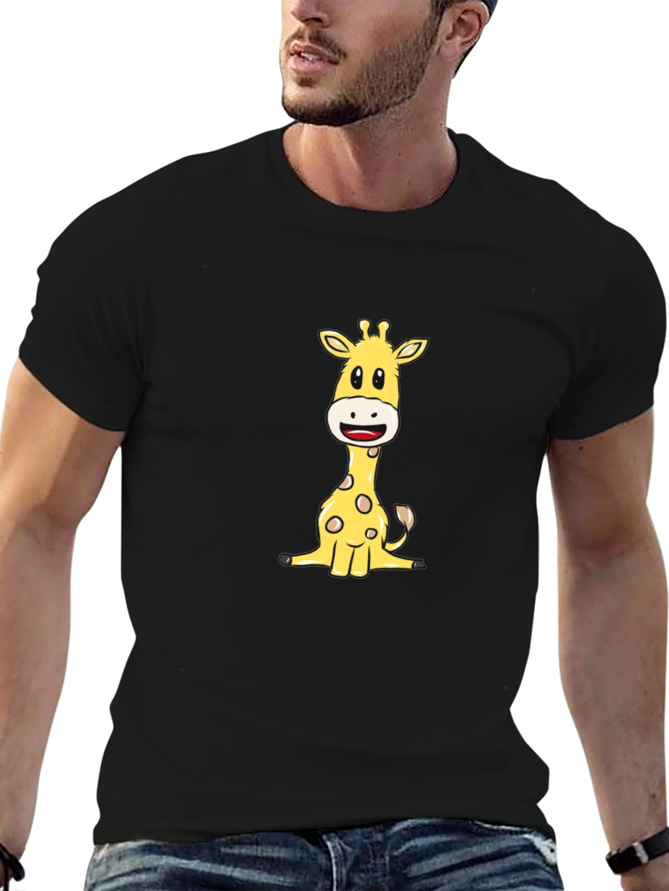 Cute Giraffe Graphic Tee - Black Cotton Blend