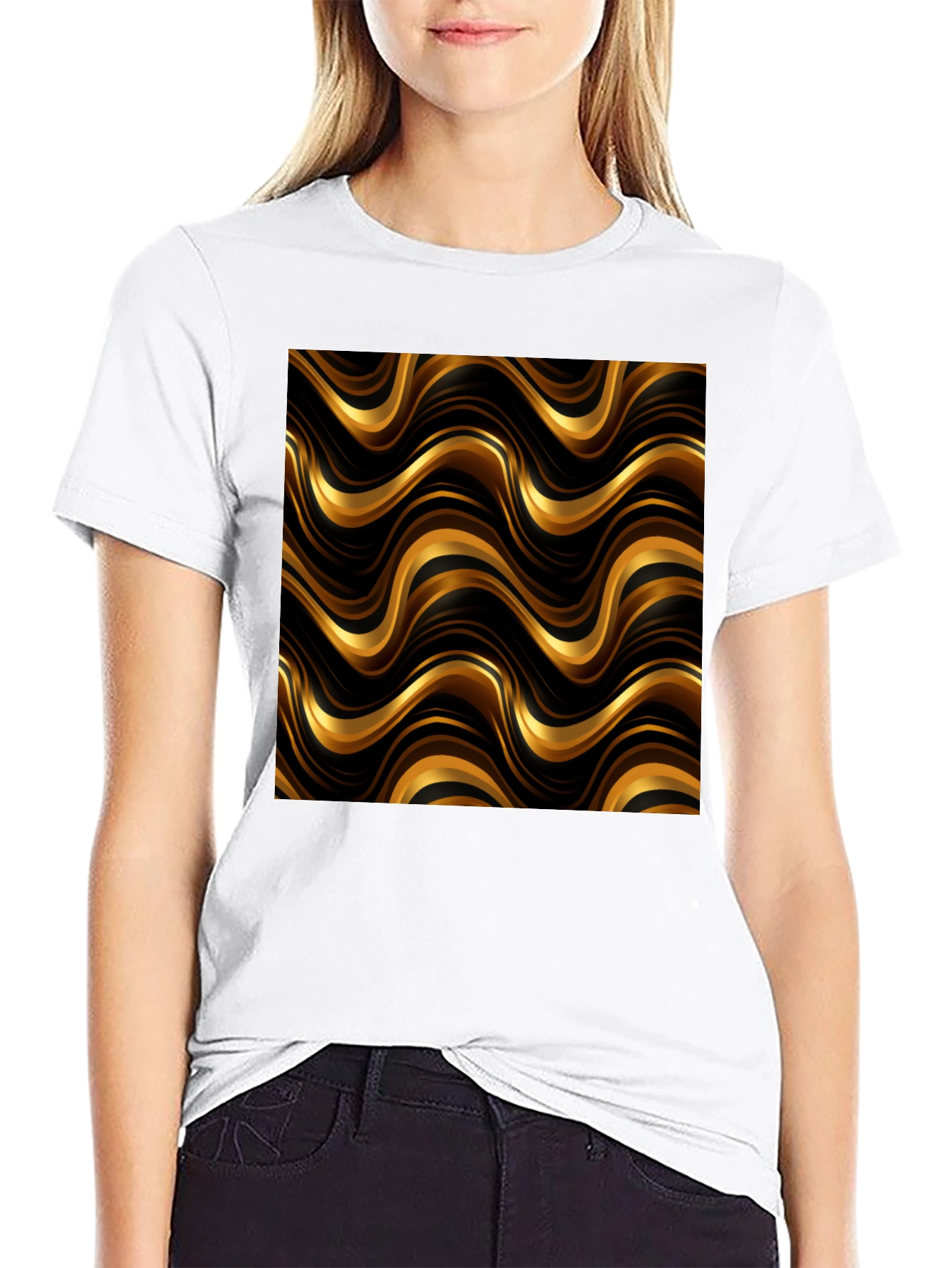 Gold Wave Pattern Black T-Shirt