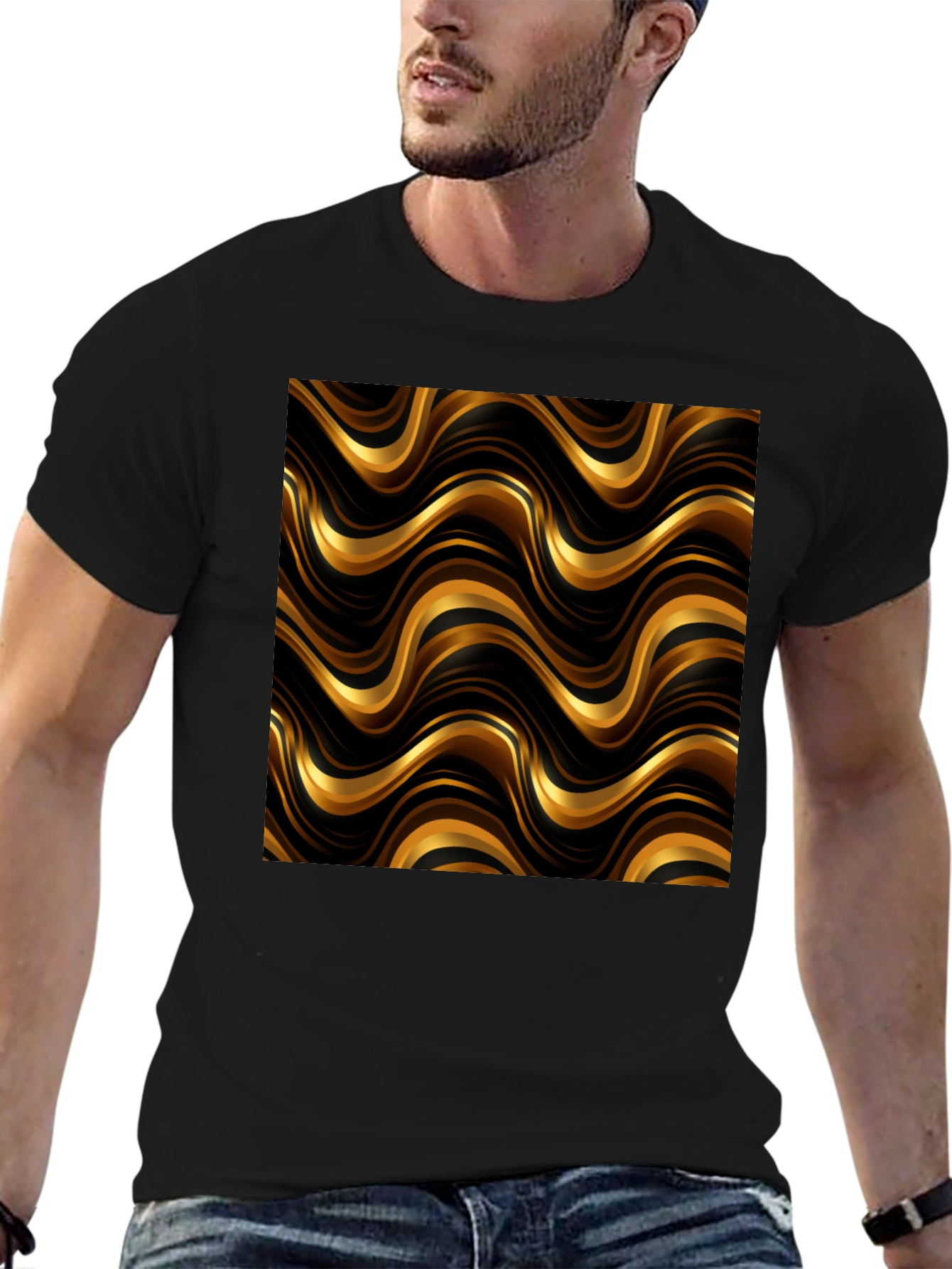 Gold Wave Pattern Black T-Shirt