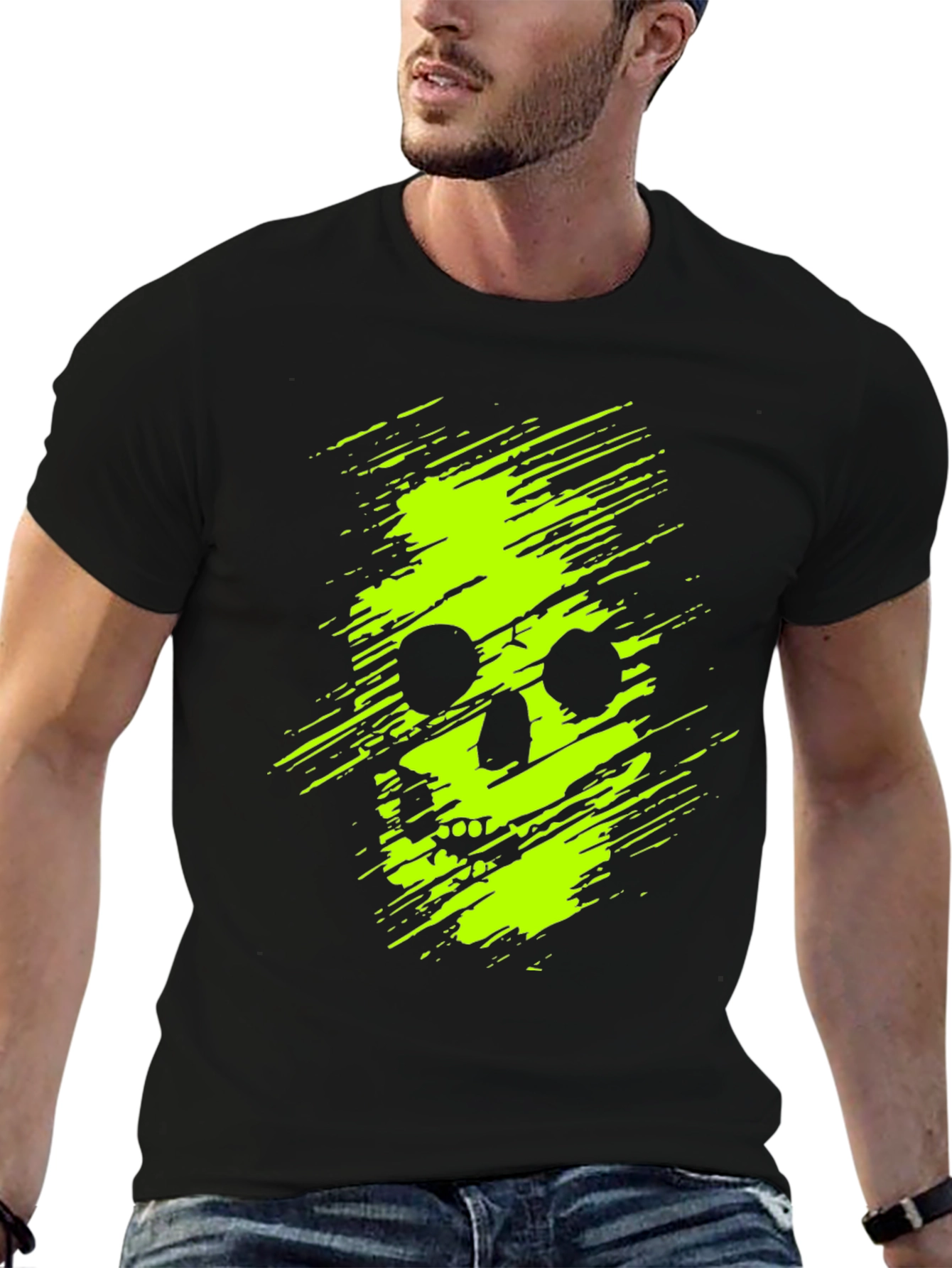 Neon Skull Graphic Print Black T-Shirt