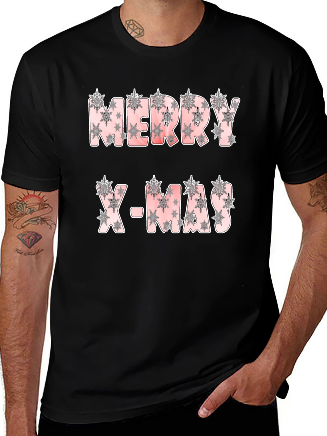 Merry X-Mas Snowflake Pattern Black T-Shirt