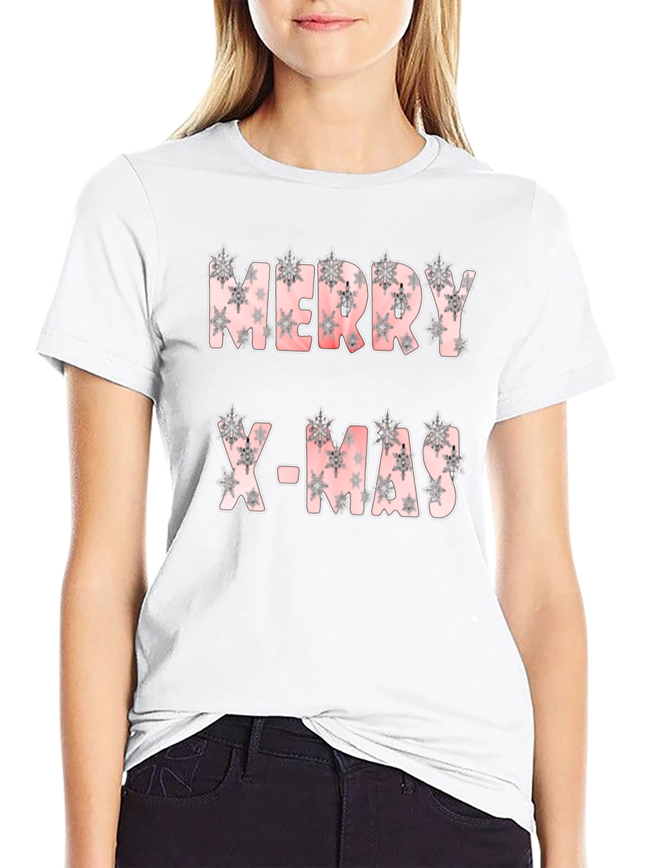 Merry X-Mas Snowflake Pattern Black T-Shirt