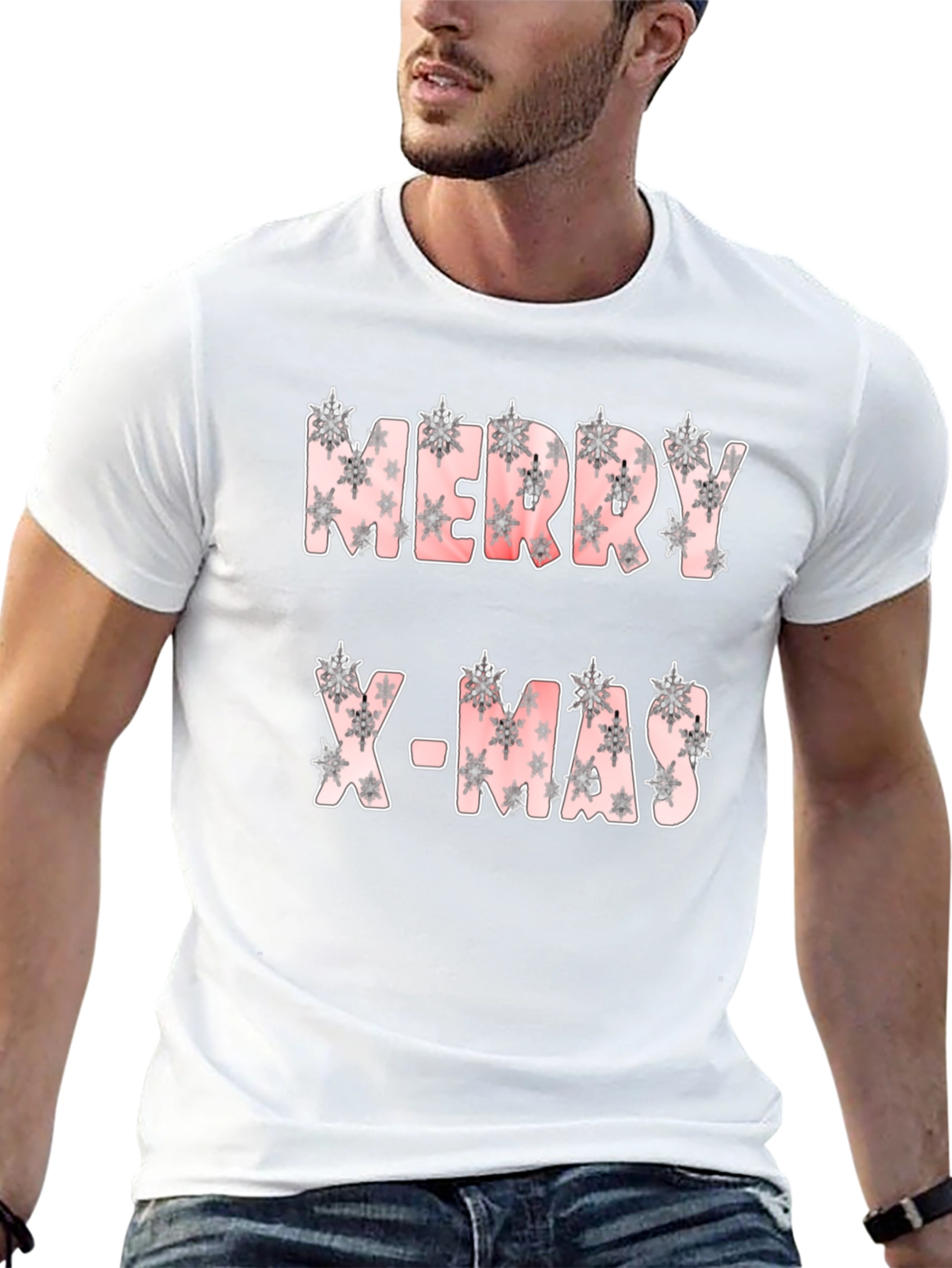 Merry X-Mas Snowflake Pattern Black T-Shirt