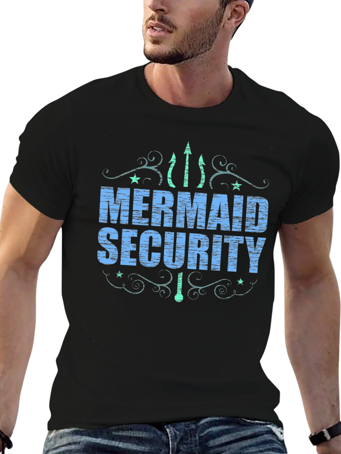 Mermaid Security Graphic T-Shirt - Black Crew Neck Tee
