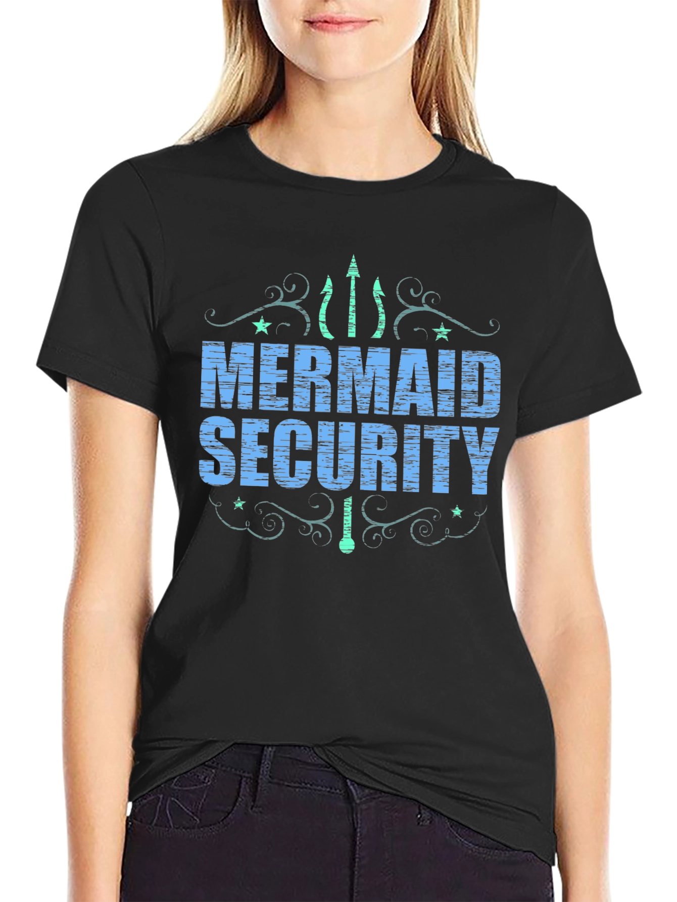 Mermaid Security Graphic T-Shirt - Black Crew Neck Tee
