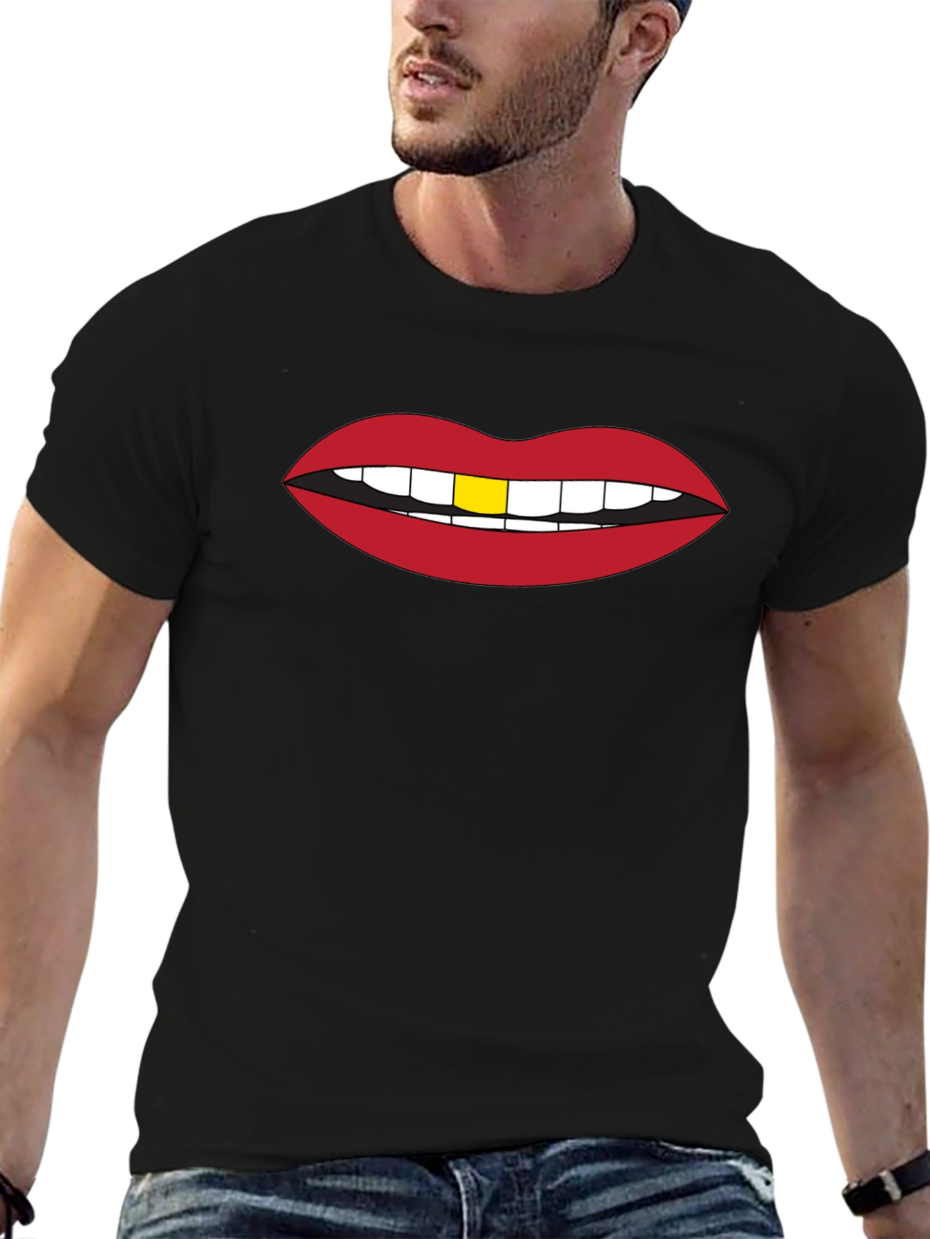 Red Lips Gold Tooth Graphic Black Tee