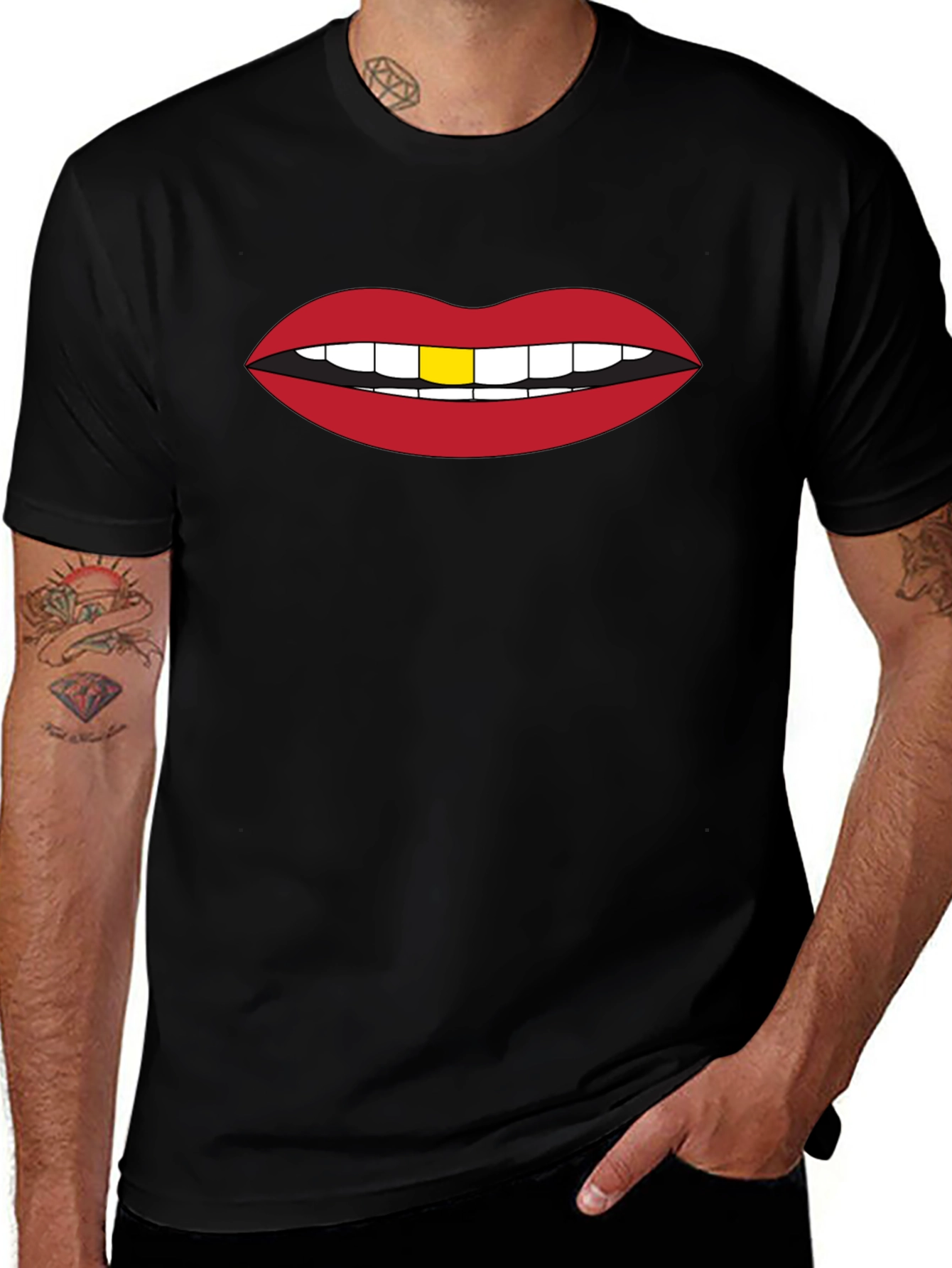 Red Lips Gold Tooth Graphic Black Tee