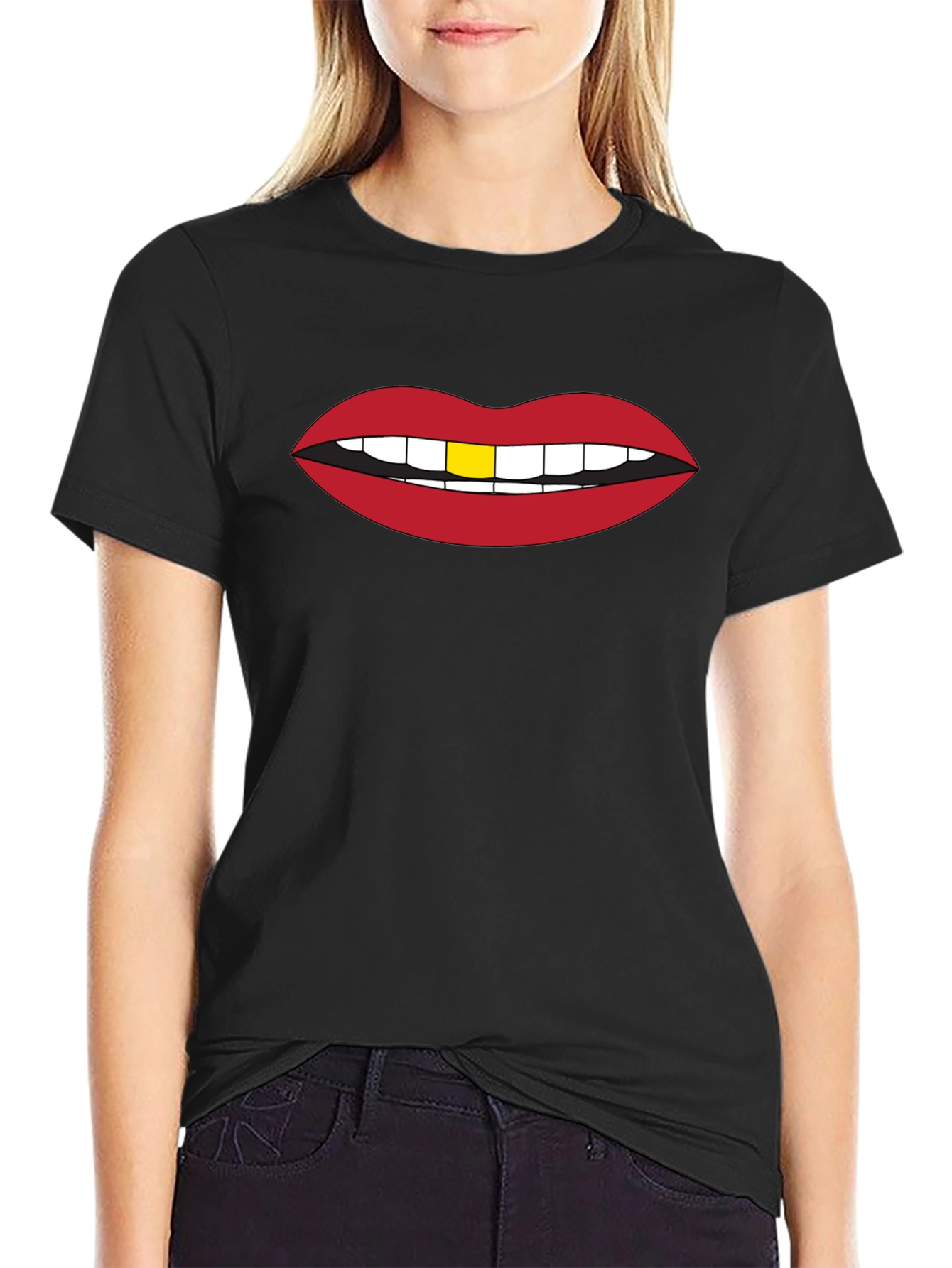 Red Lips Gold Tooth Graphic Black Tee