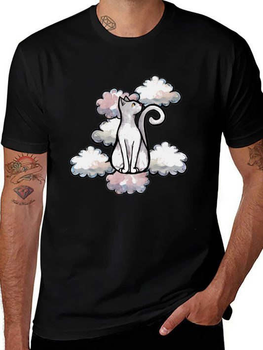 Cat in Clouds Graphic Tee - Soft Cotton Black T-Shirt
