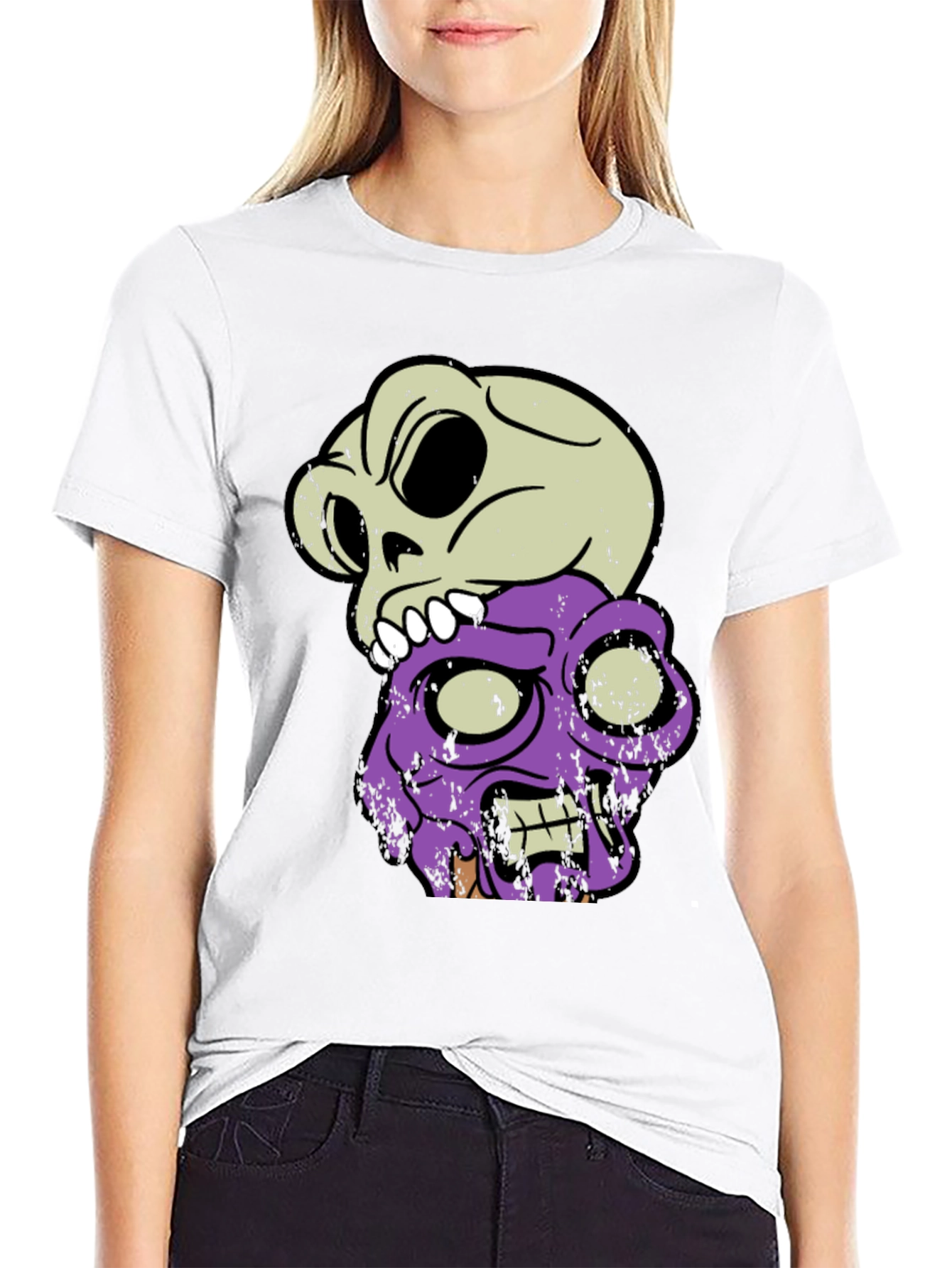 Skull & Zombie Head Graphic T-Shirt - Black