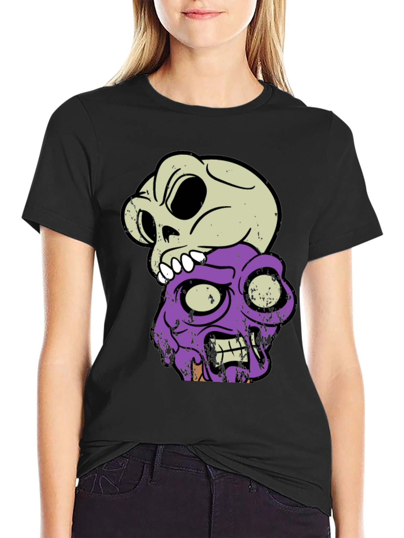Skull & Zombie Head Graphic T-Shirt - Black