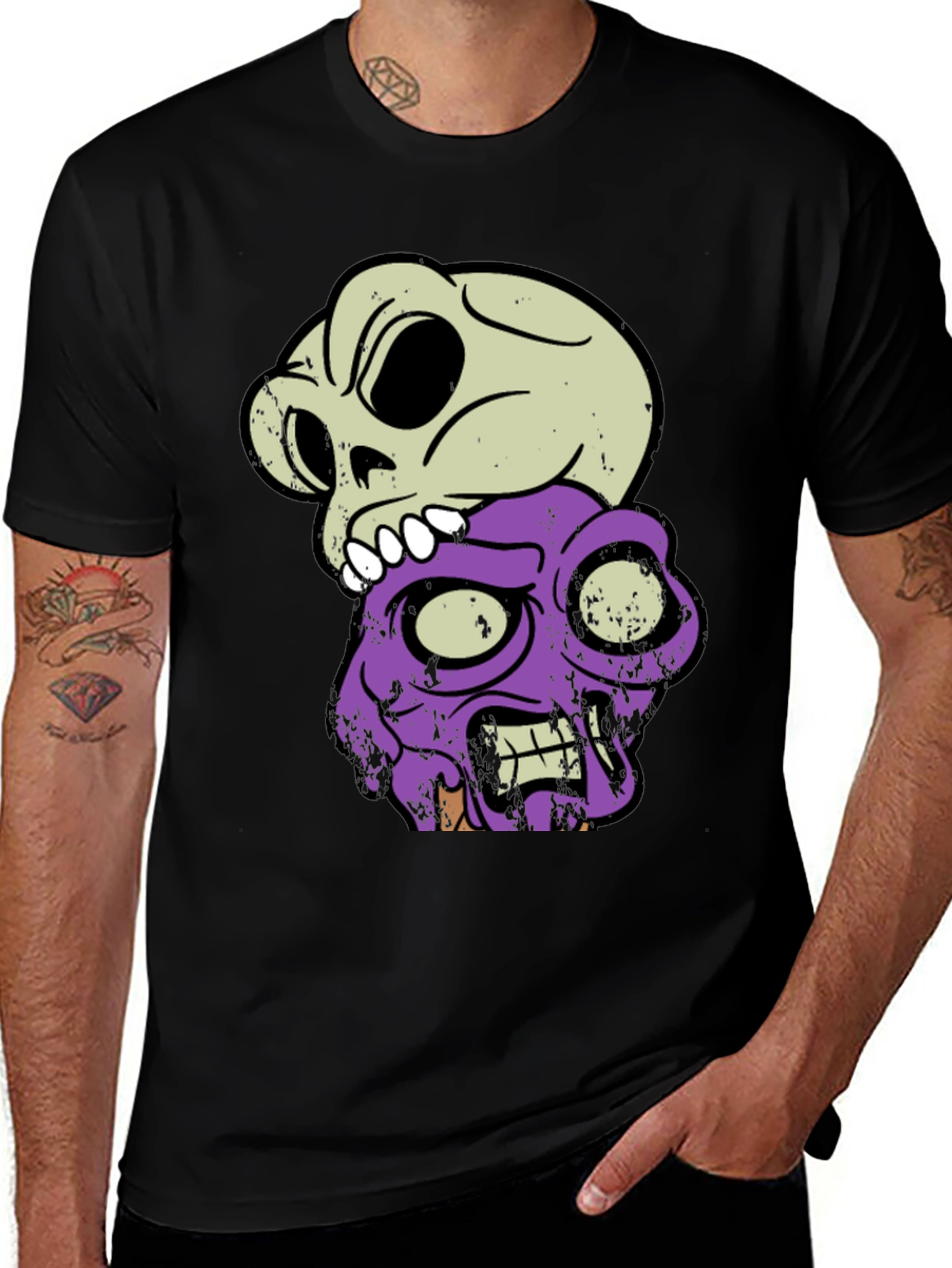 Skull & Zombie Head Graphic T-Shirt - Black