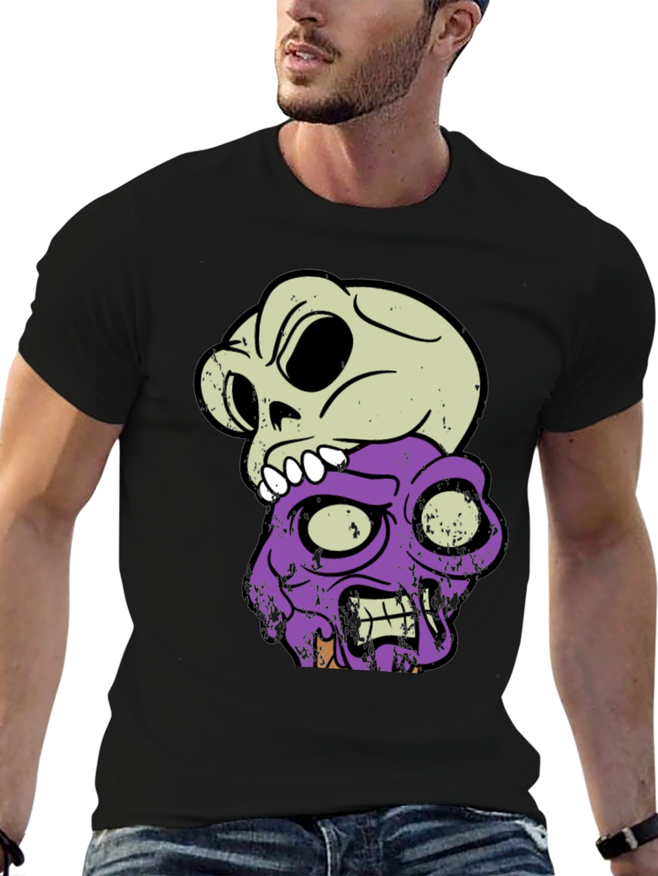Skull & Zombie Head Graphic T-Shirt - Black