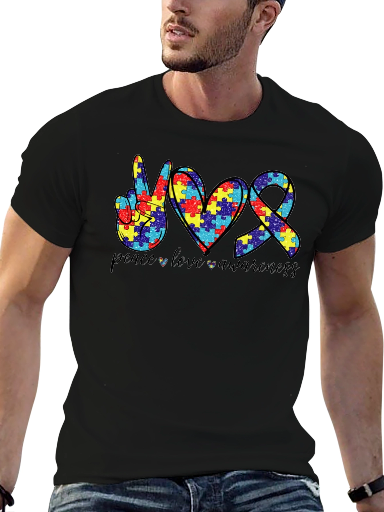 Autism Awareness Peace Love Puzzle T-Shirt