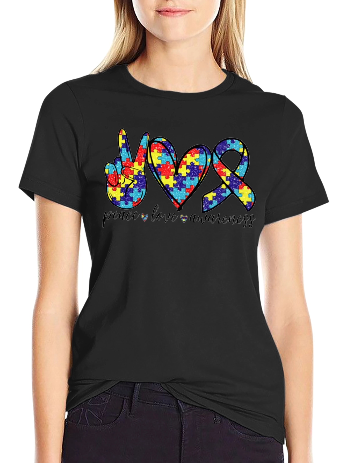 Autism Awareness Peace Love Puzzle T-Shirt