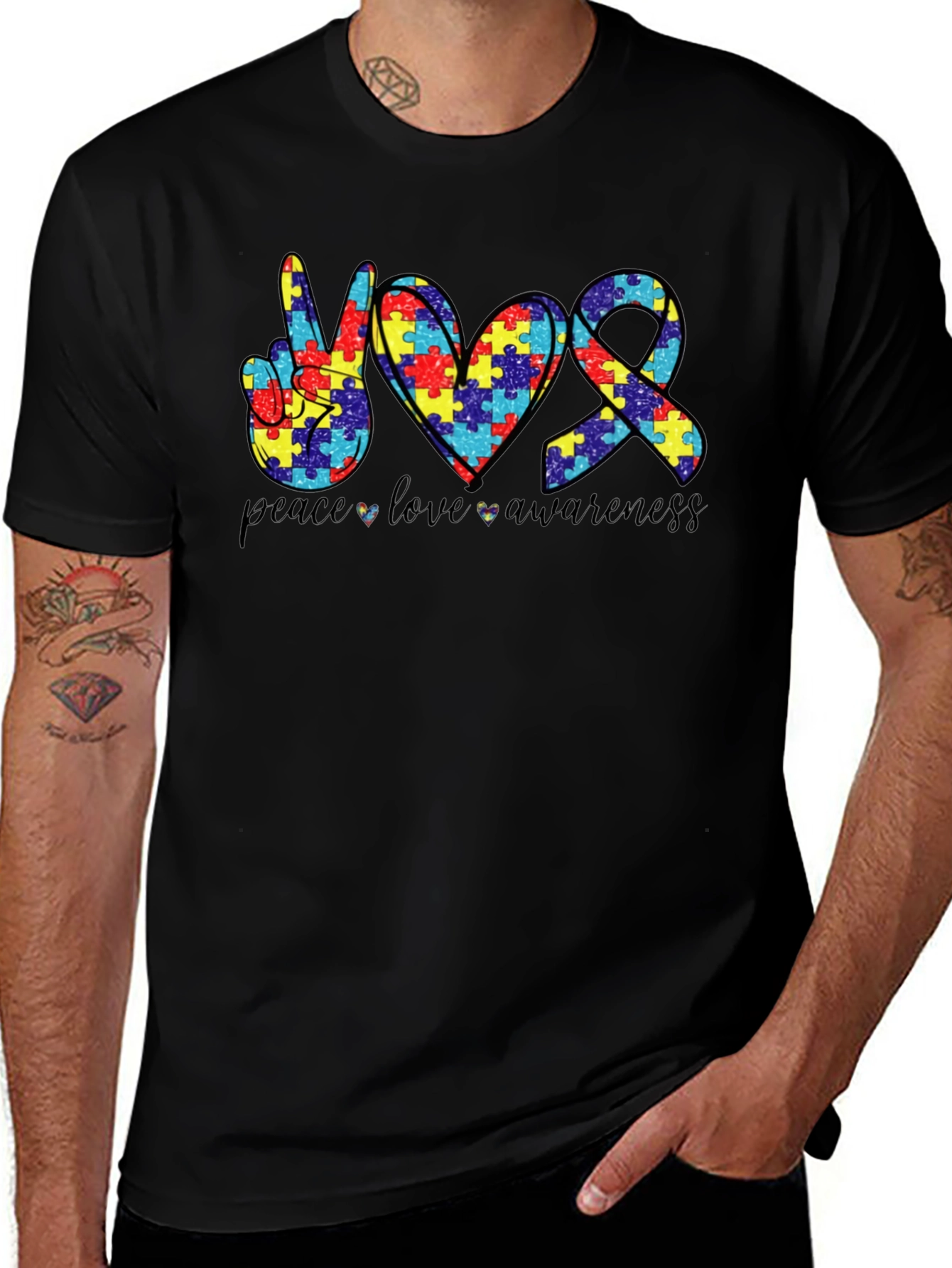 Autism Awareness Peace Love Puzzle T-Shirt