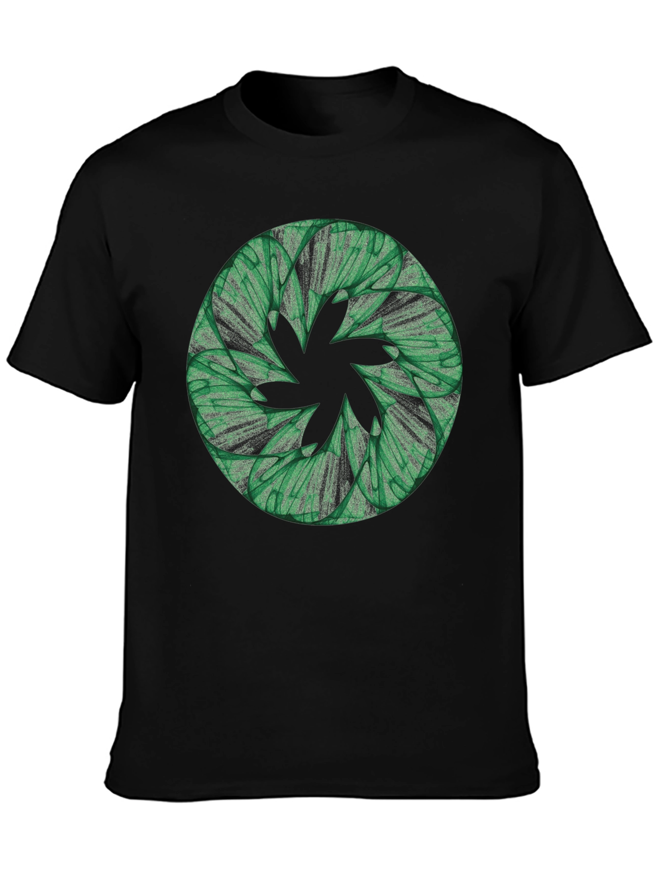 Abstract Green Floral Pattern Black T-Shirt
