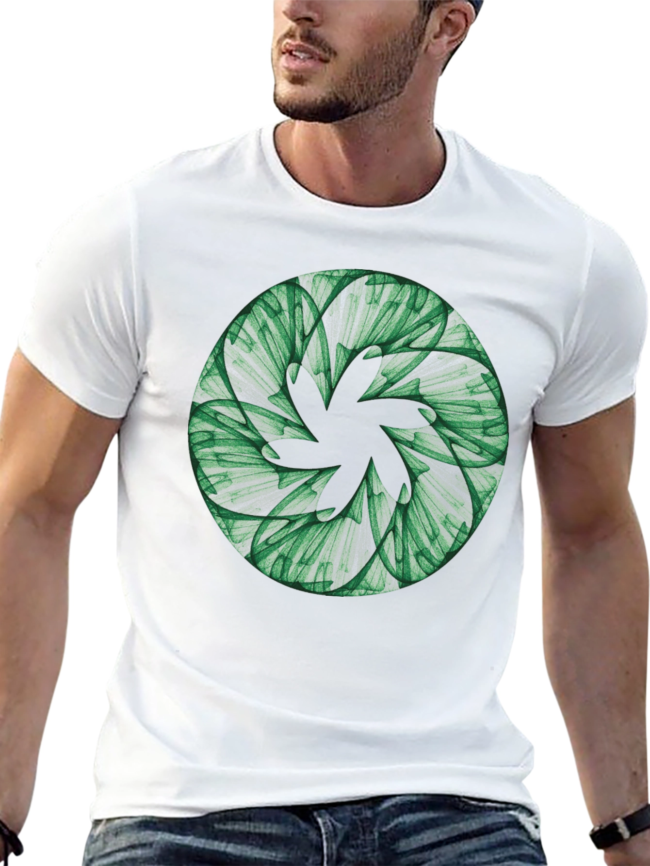 Abstract Green Floral Pattern Black T-Shirt