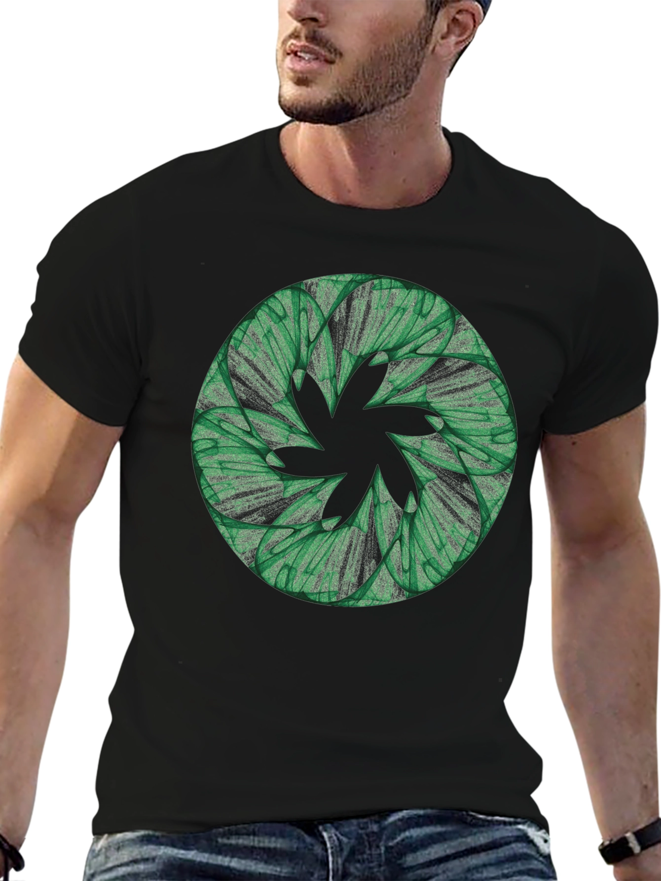 Abstract Green Floral Pattern Black T-Shirt