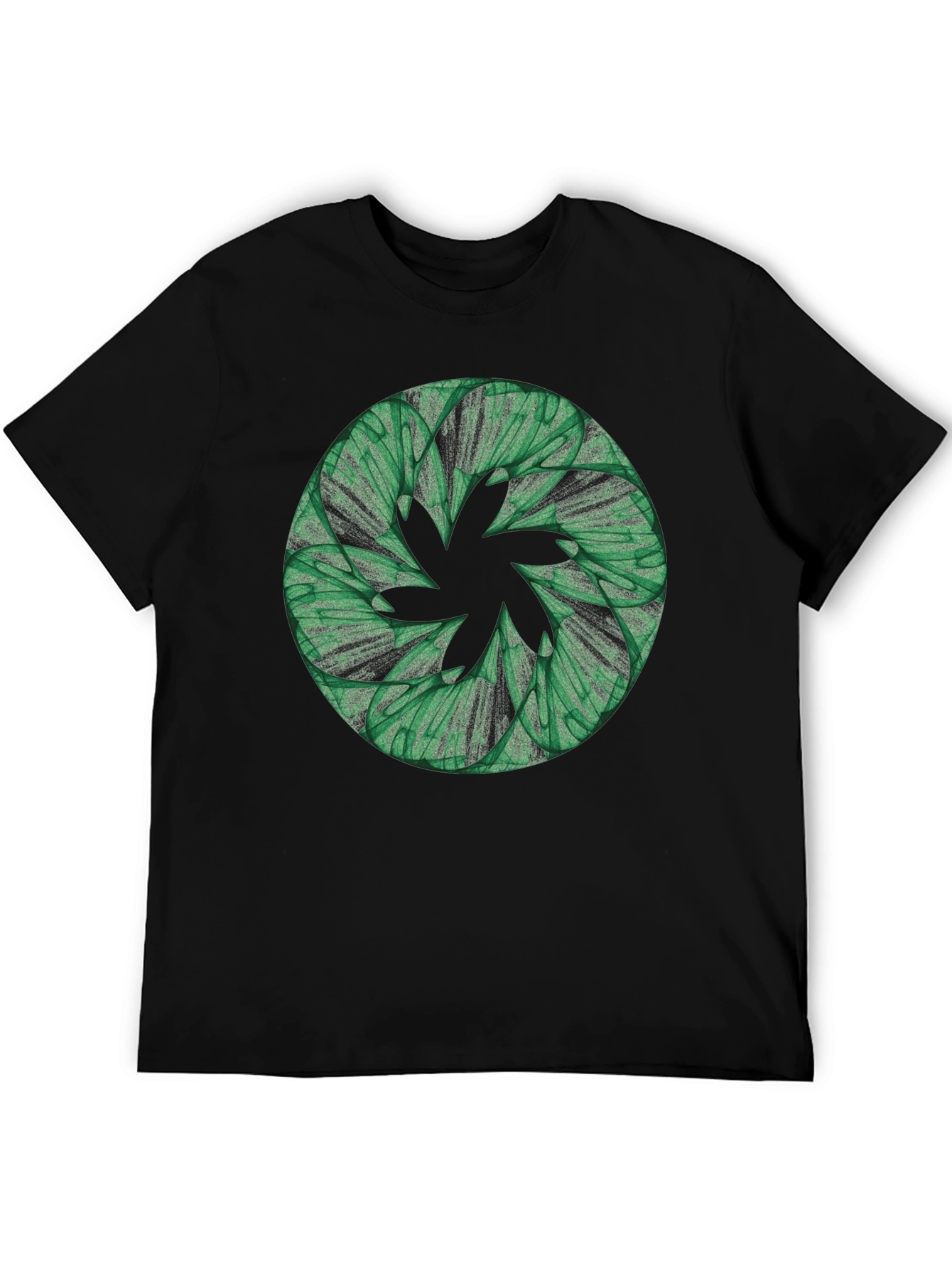 Abstract Green Floral Pattern Black T-Shirt