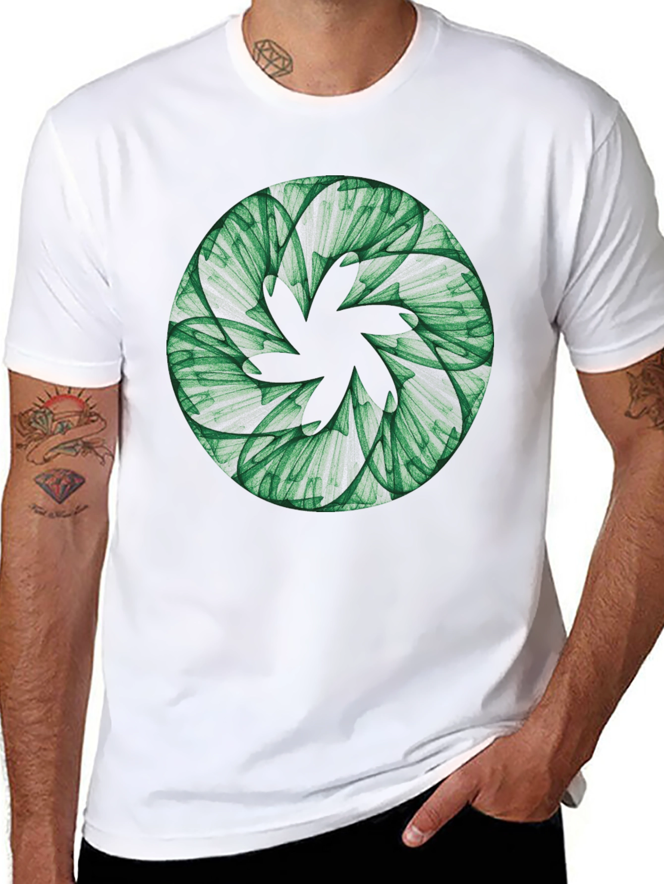 Abstract Green Floral Pattern Black T-Shirt