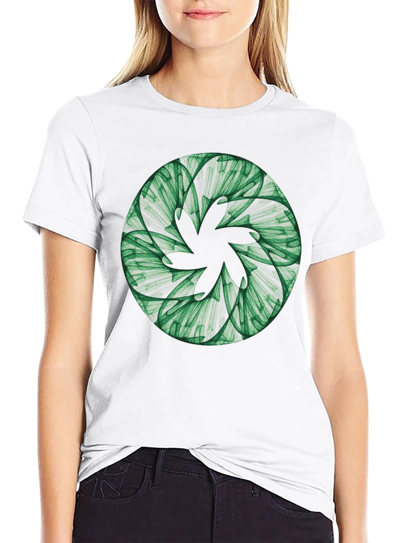 Abstract Green Floral Pattern Black T-Shirt