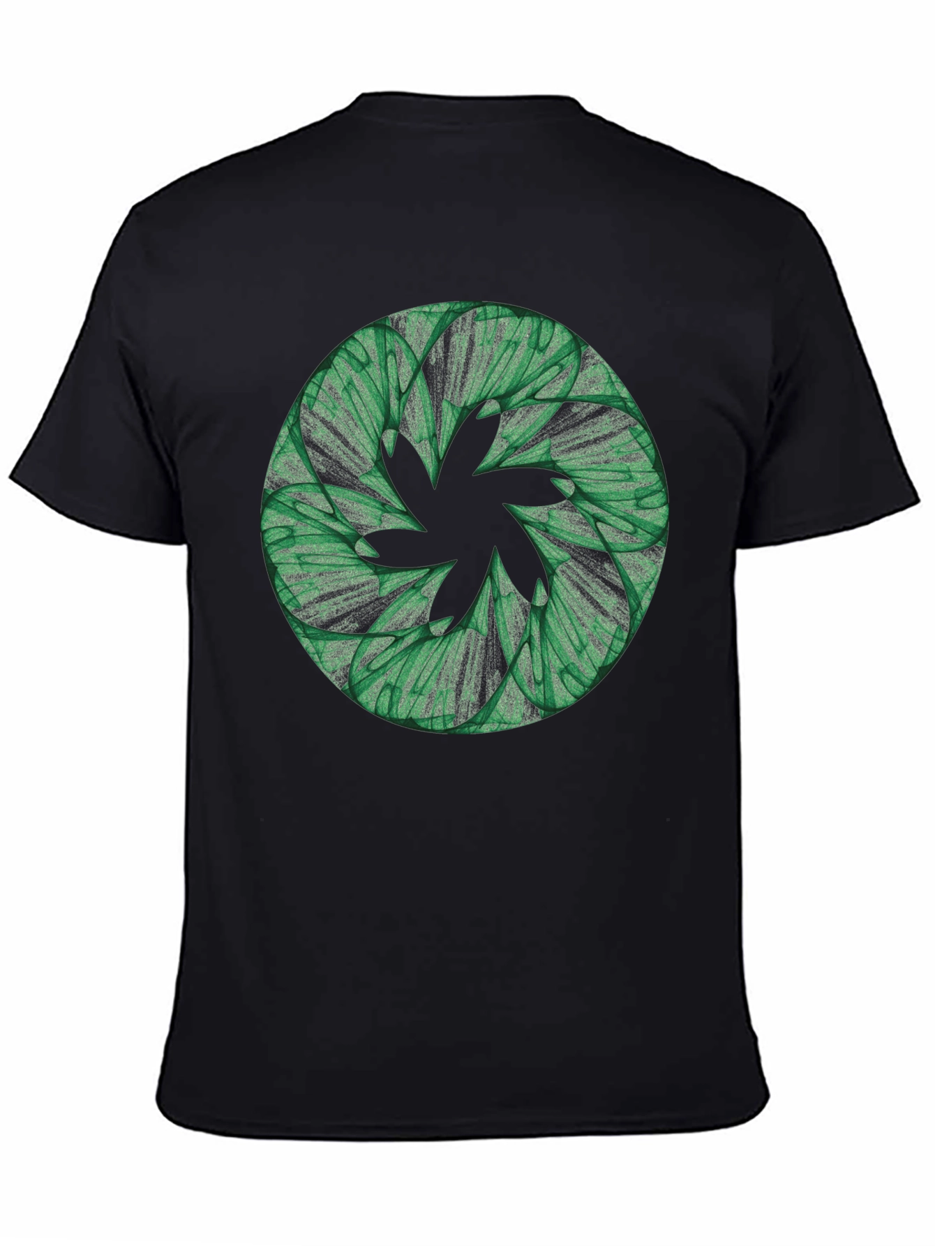 Abstract Green Floral Pattern Black T-Shirt
