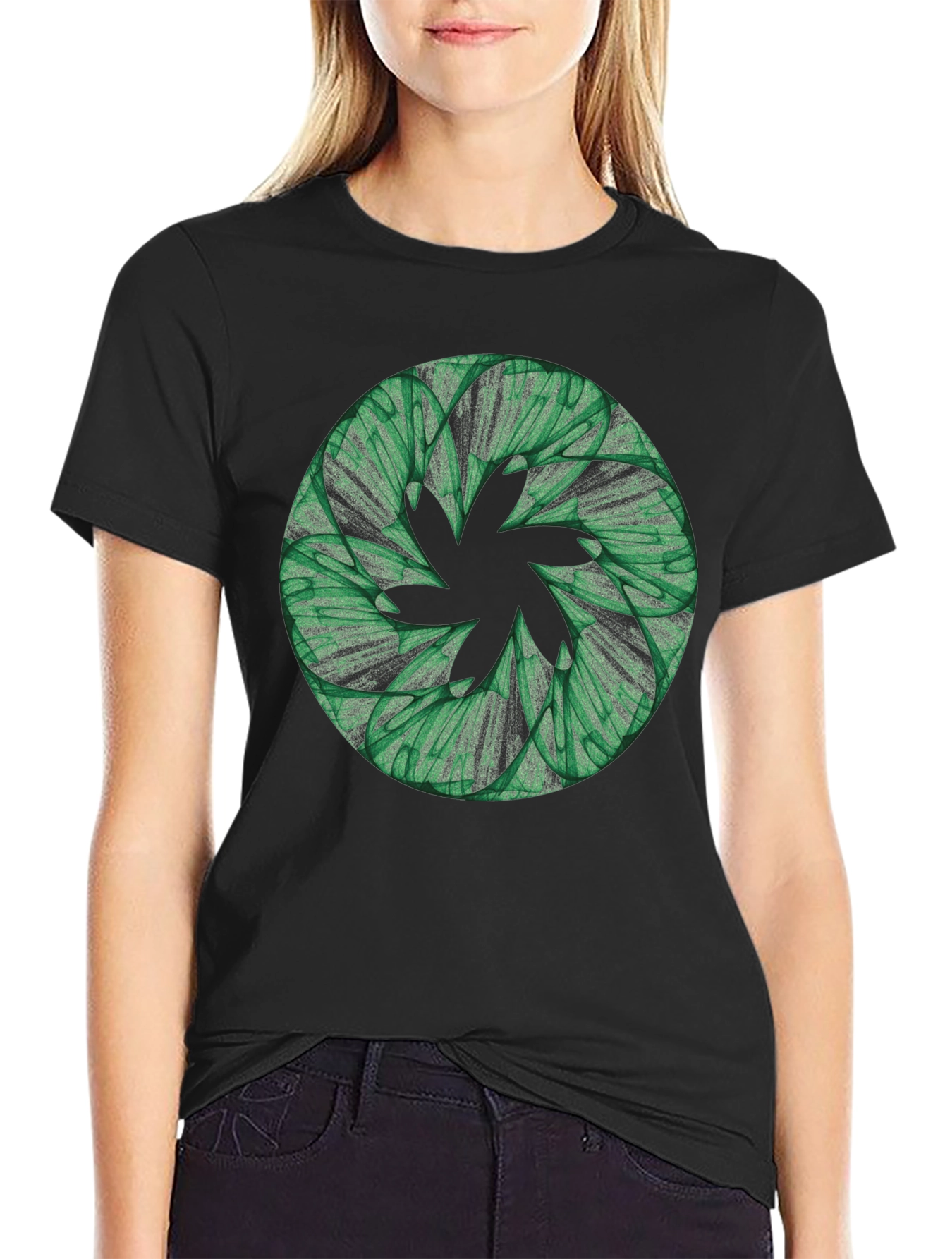 Abstract Green Floral Pattern Black T-Shirt