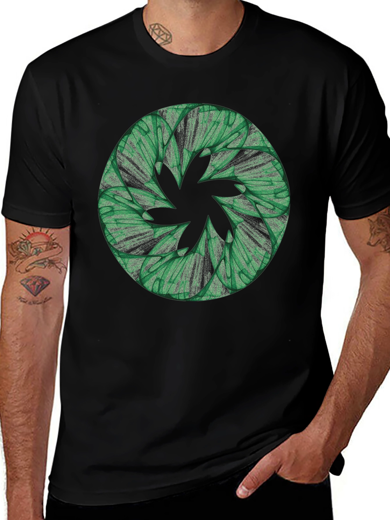Abstract Green Floral Pattern Black T-Shirt