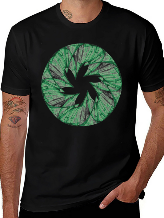 Abstract Green Floral Pattern Black T-Shirt