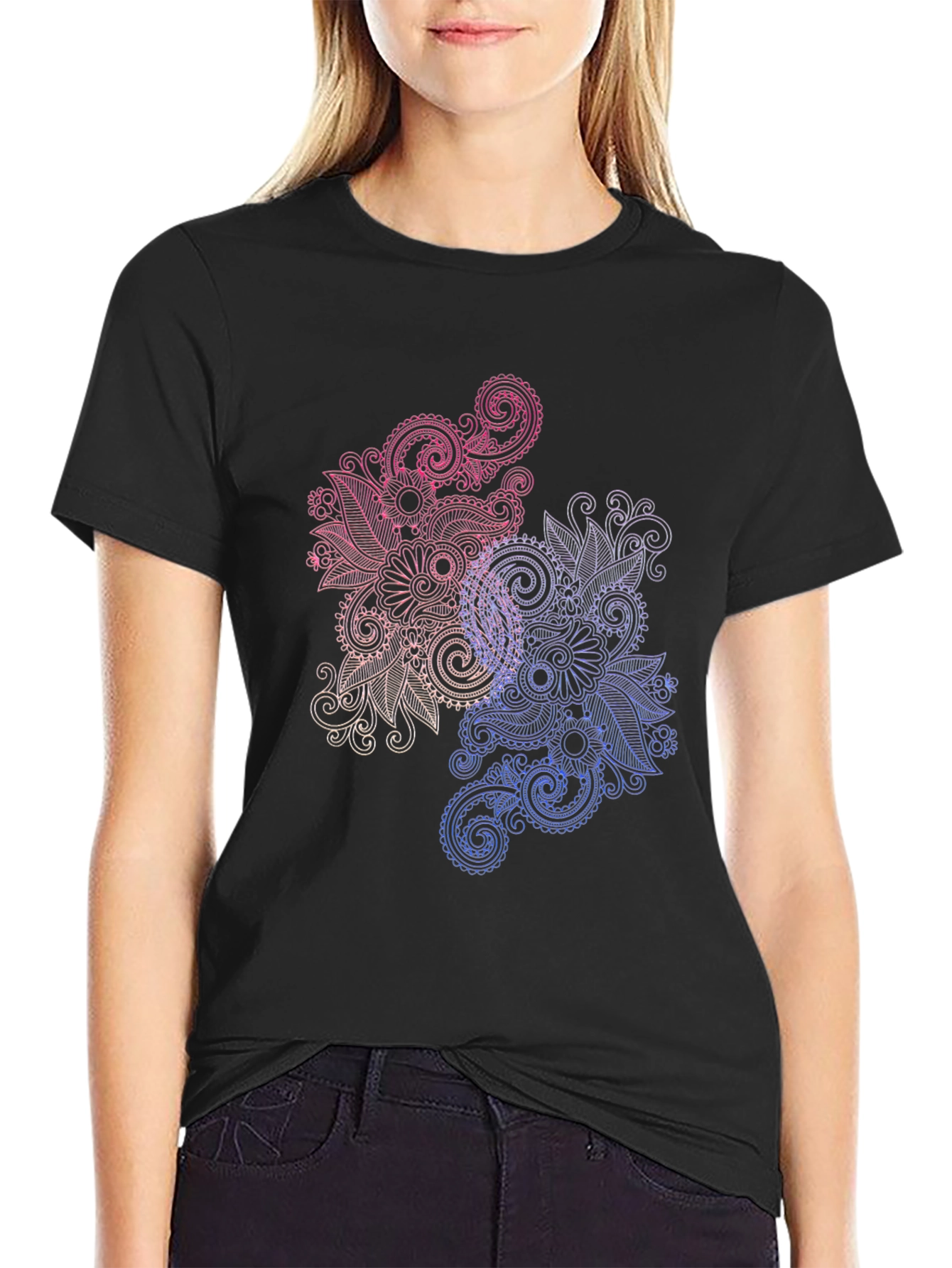 Floral Paisley Print Black T-Shirt