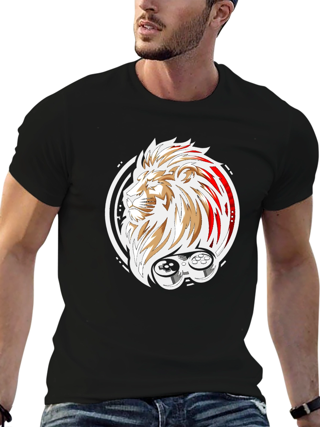 Lion Gamer Graphic T-Shirt - Black