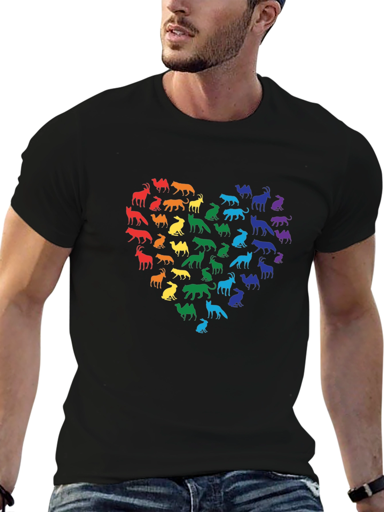 Rainbow Animal Heart Black T-Shirt
