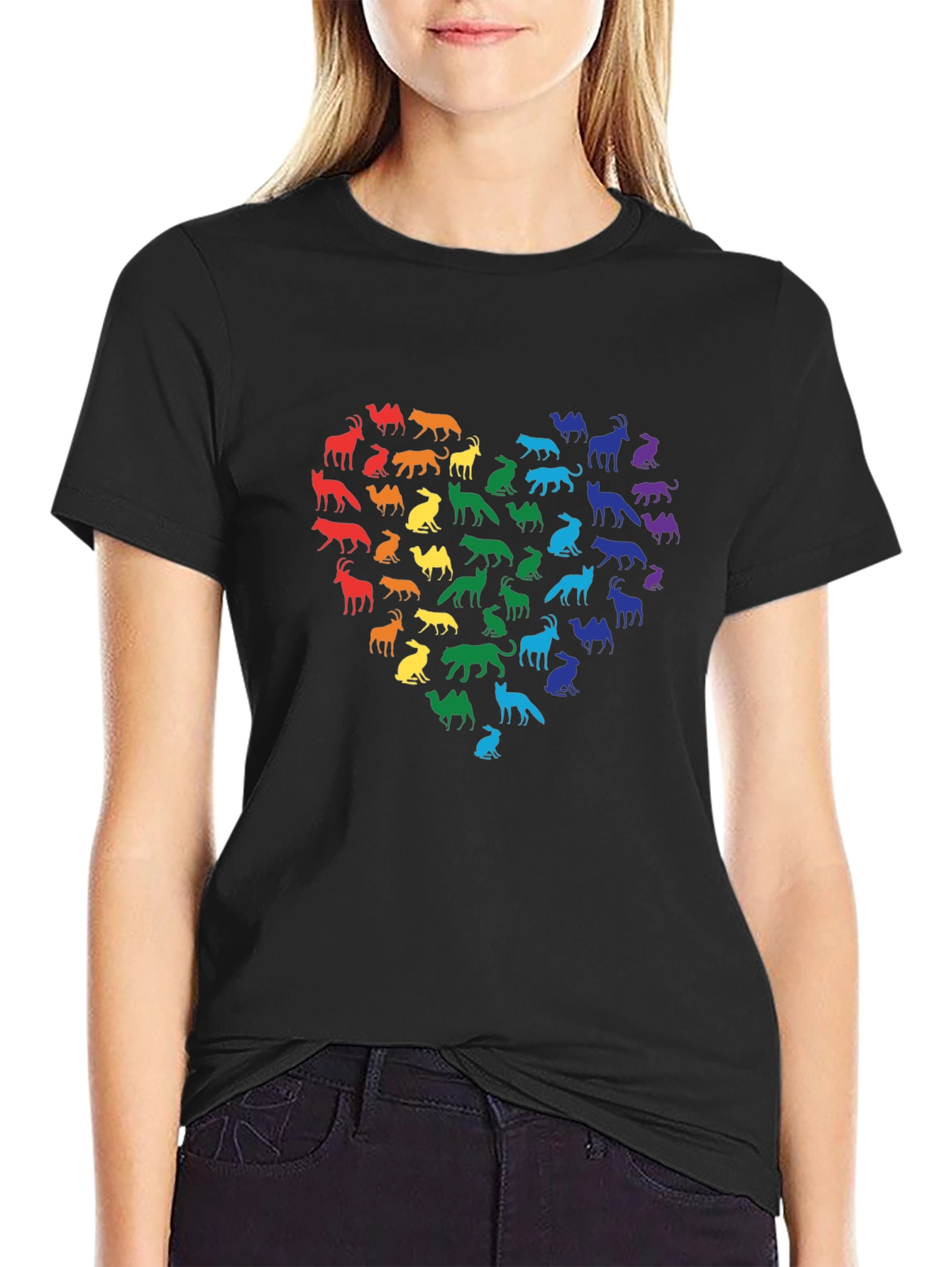 Rainbow Animal Heart Black T-Shirt