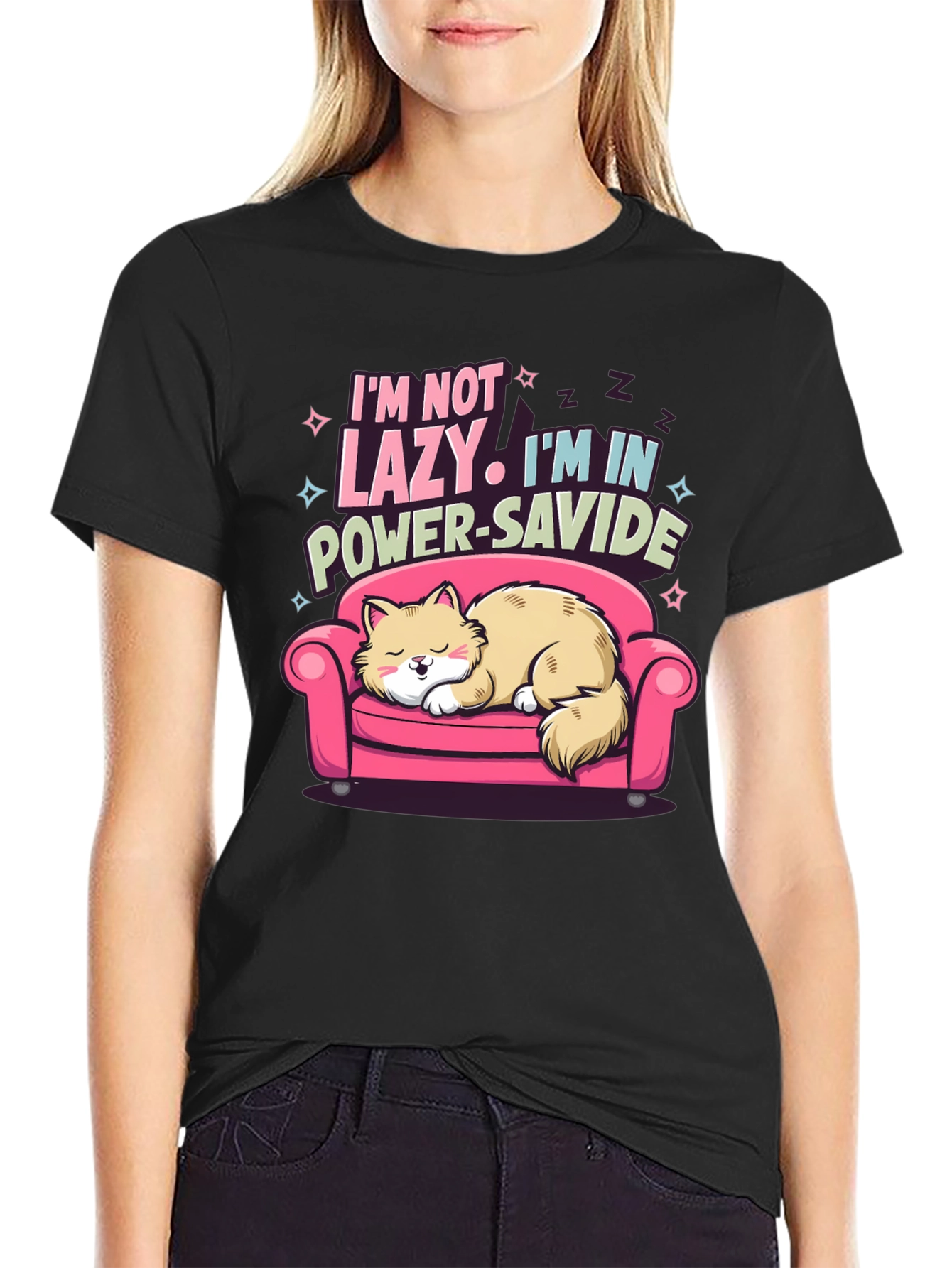 Lazy Cat Power-Savide Black T-Shirt