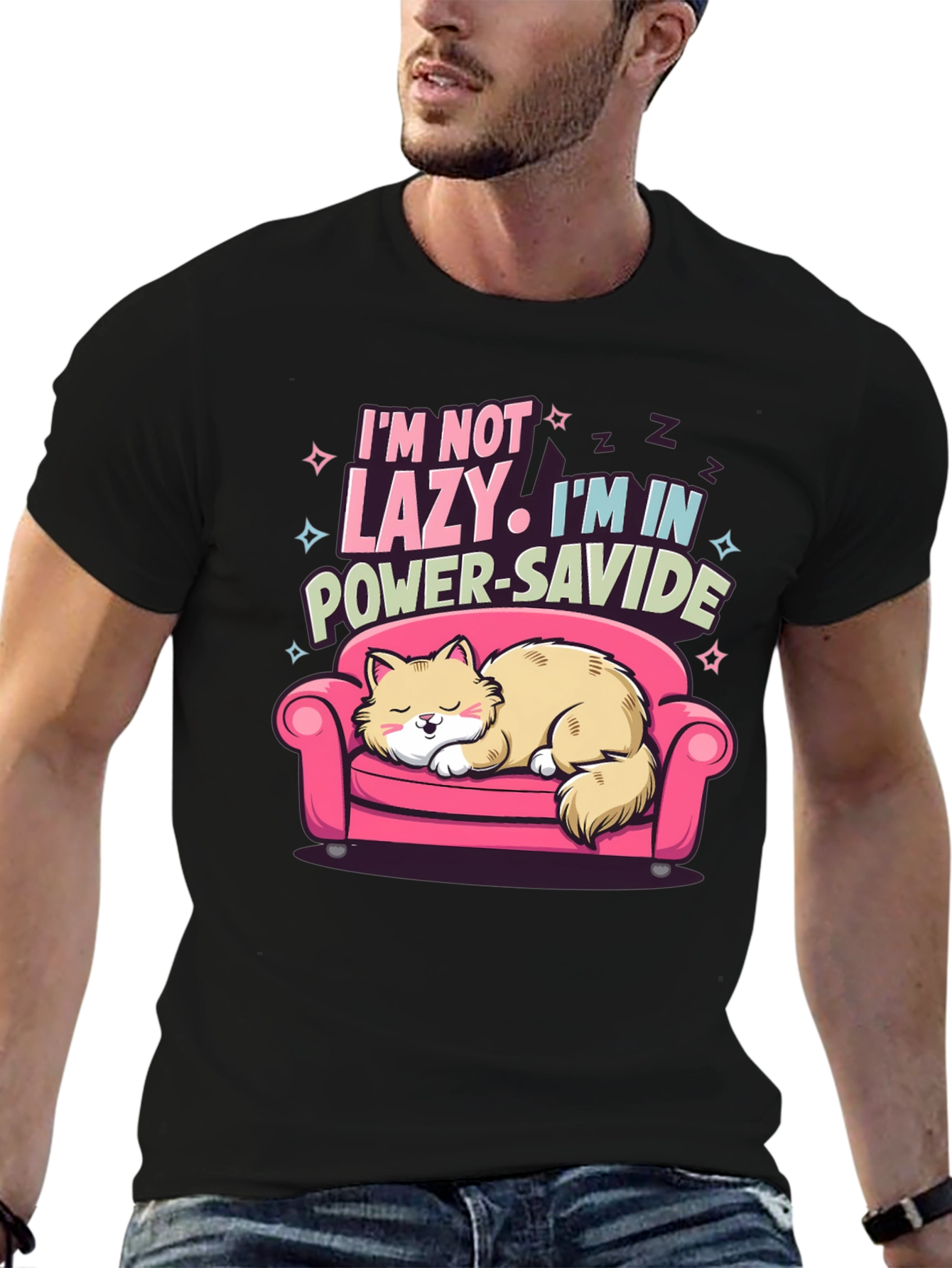 Lazy Cat Power-Savide Black T-Shirt