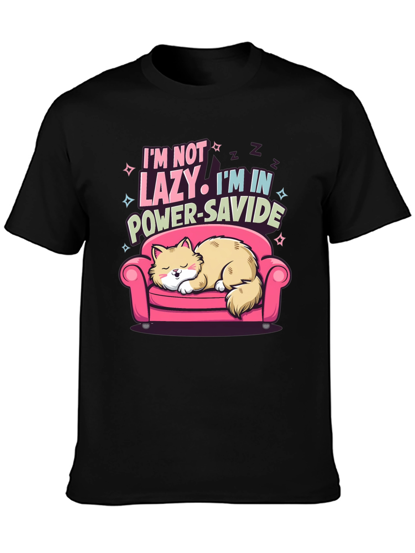 Lazy Cat Power-Savide Black T-Shirt
