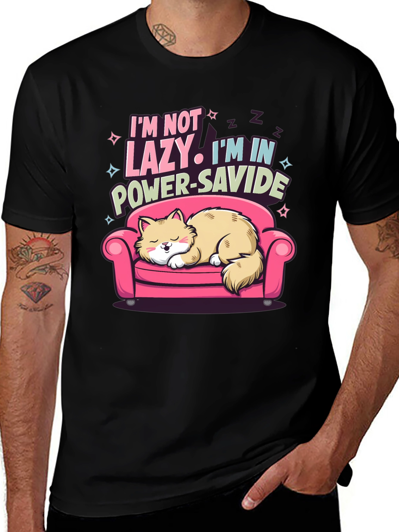 Lazy Cat Power-Savide Black T-Shirt