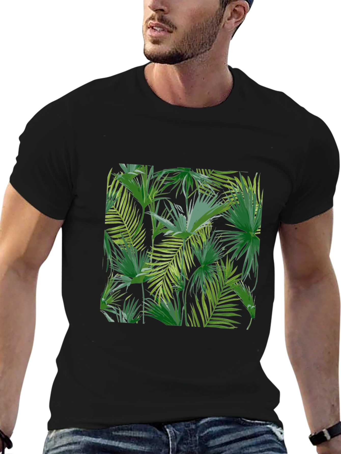 Tropical Leaf Print Black T-Shirt