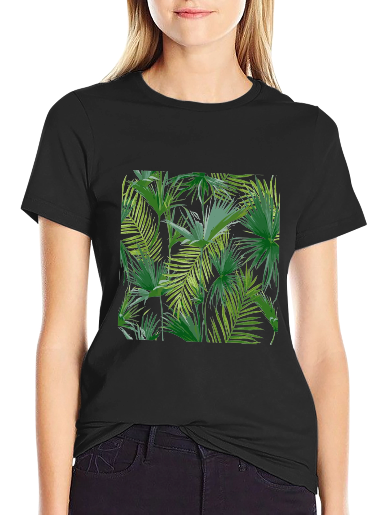 Tropical Leaf Print Black T-Shirt