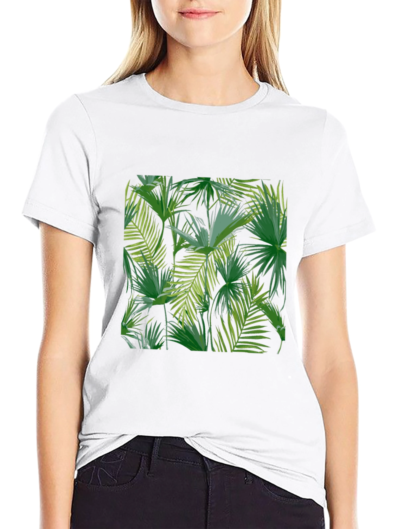 Tropical Leaf Print Black T-Shirt