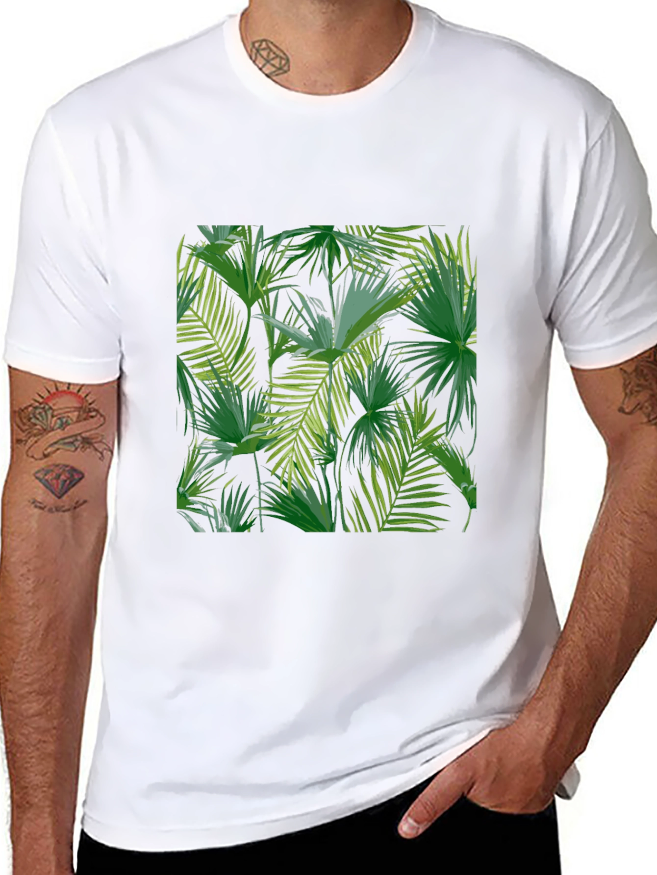 Tropical Leaf Print Black T-Shirt